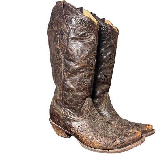 Corral Cowboy Boots Brown Exotic Goat Lizard Inlay Leather Pointed Snip Toe 8.5M - Picture 1 of 15